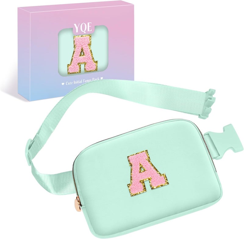 YQE Belt Bag Fanny Pack Crossbody Bags with Initial Letter Patch, Waist Packs Everywhere with Adjustable Strap, Cute Stuff Birthday Gifts for Teenager Girls, Cool Stuff for Teens Girl (Green, A) - Image 1